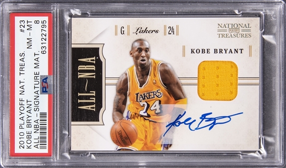 2010-11 Panini Playoff National Treasures "All-NBA Signature Materials" #23 Kobe Bryant Signed Jersey Card (#11/25) - PSA NM-MT 8